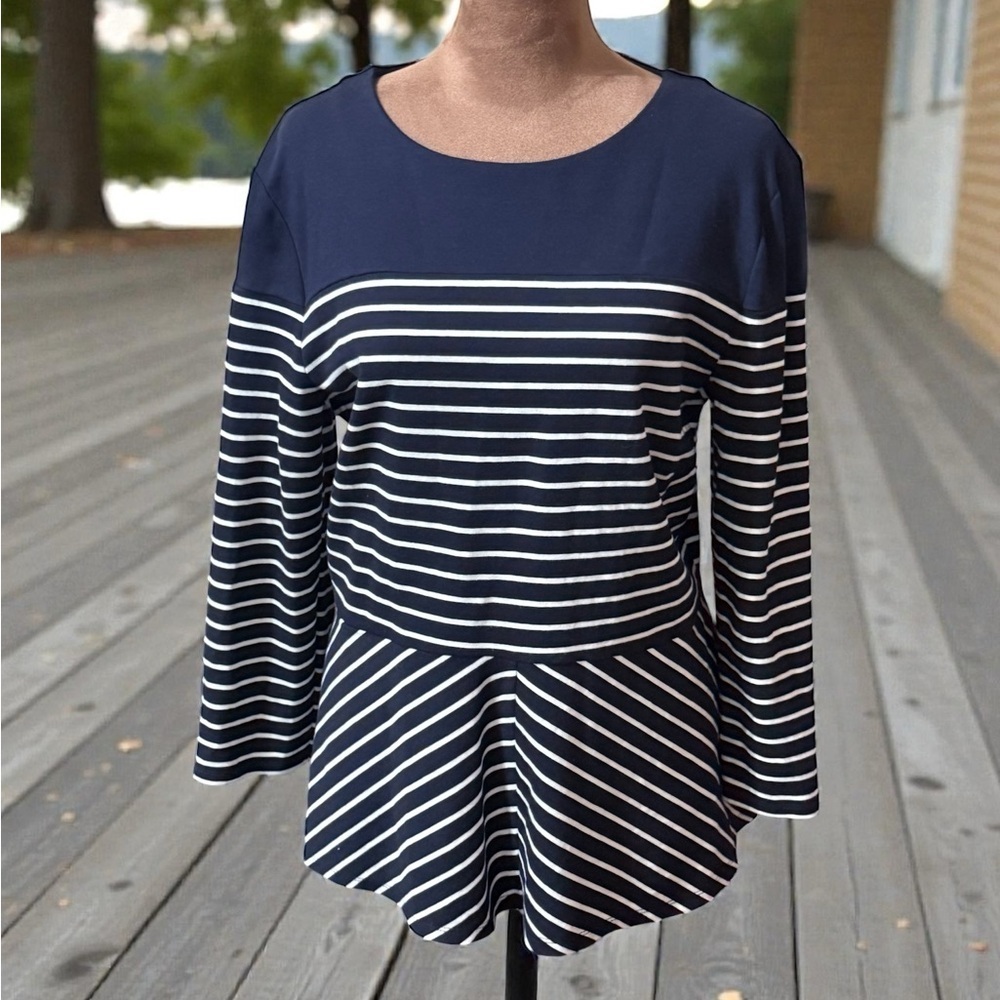 Talbots Navy and White Striped Peplum Long Sleeve Tee